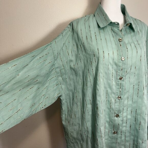 Blanque Boxy Oversized Textured Mint Button Down Lagenlook‎ Art To Wear Sz 0 Sm - Picture 2 of 7